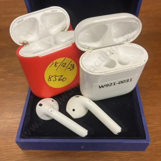 Pair of Single Apple AirPods With Charging Cases & a Red Cover (Model A1602)